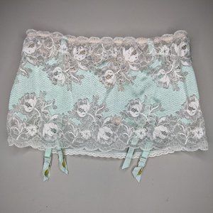 Floral Embroidery Bejeweled Metallic Sheer Lace Thong Garter Belt Skirt Sexy (S)